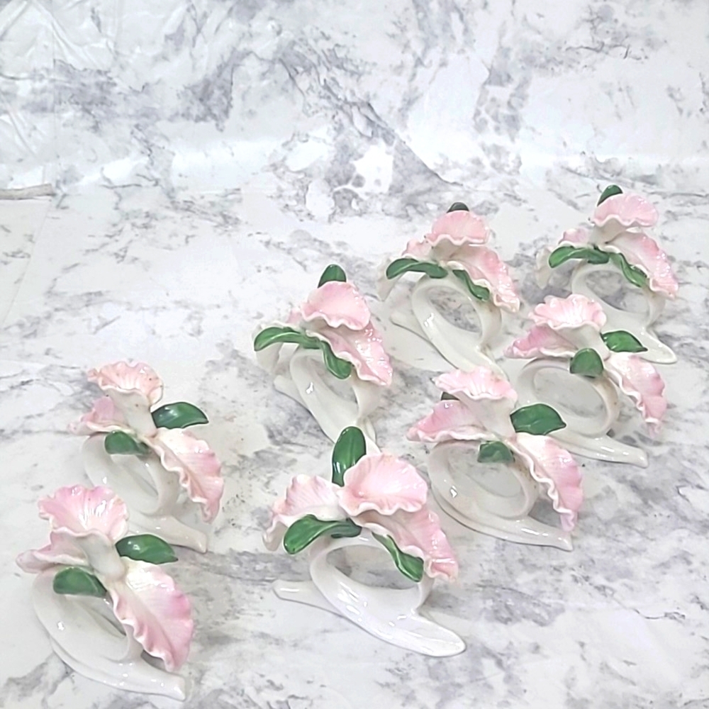 8 Iris Napkin Holders Fancy Glazed Ceramic Pink Green White EUC Vintage Matching